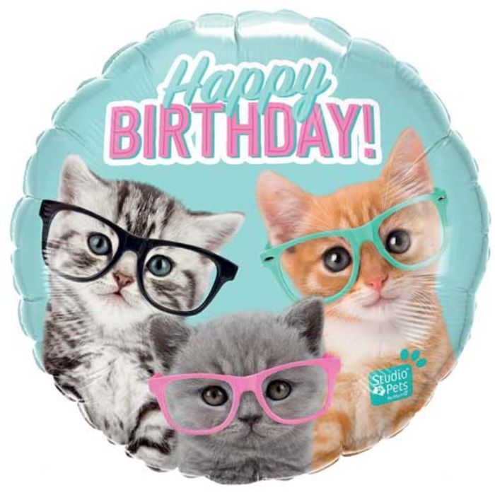 18 Inch Birthday Kittens Eyeglasses Round Foil Balloon Q19286