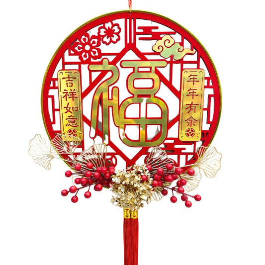 CNY 40cm Round Wooden Acrylic Floral Hanging Decoration